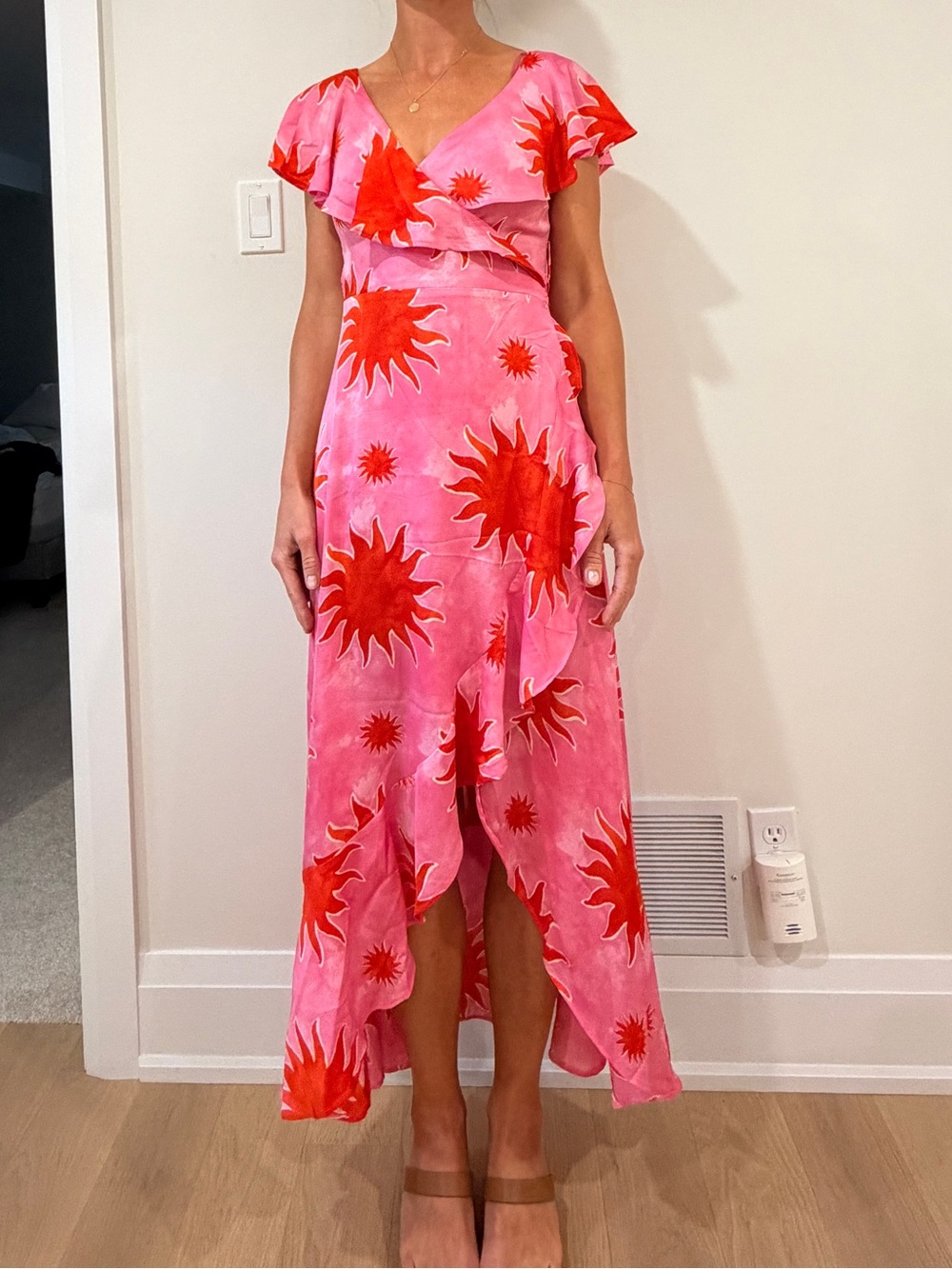 Topshop Pink Maxi Dress with Red Sunburst Print